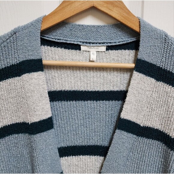 Maurices Cardigan Sweater Womens L Blue Gray Striped Open Front Casual Soft - Picture 3 of 8